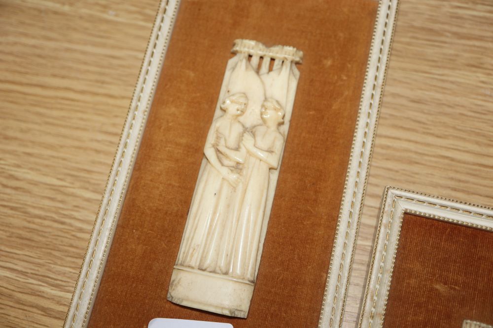 Four, possibly 15th century, Venetian bone panels, in two frames, three 18th / 19th century painted ivory fragments framed with similar